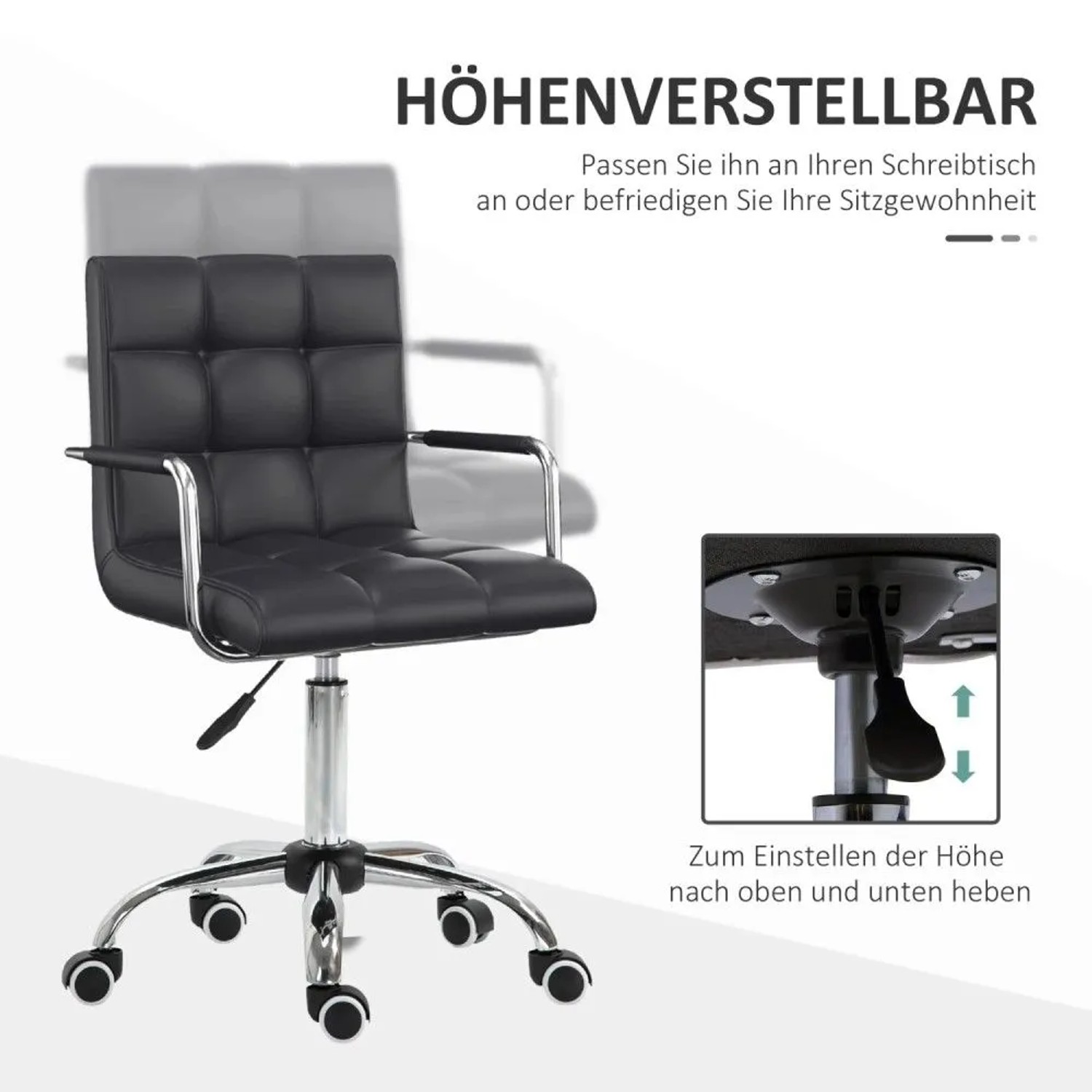Schwarzer HOMCOM Bürostuhl aus Kunstleder, höhenverstellbar, mit Chromgestell und Rollen.