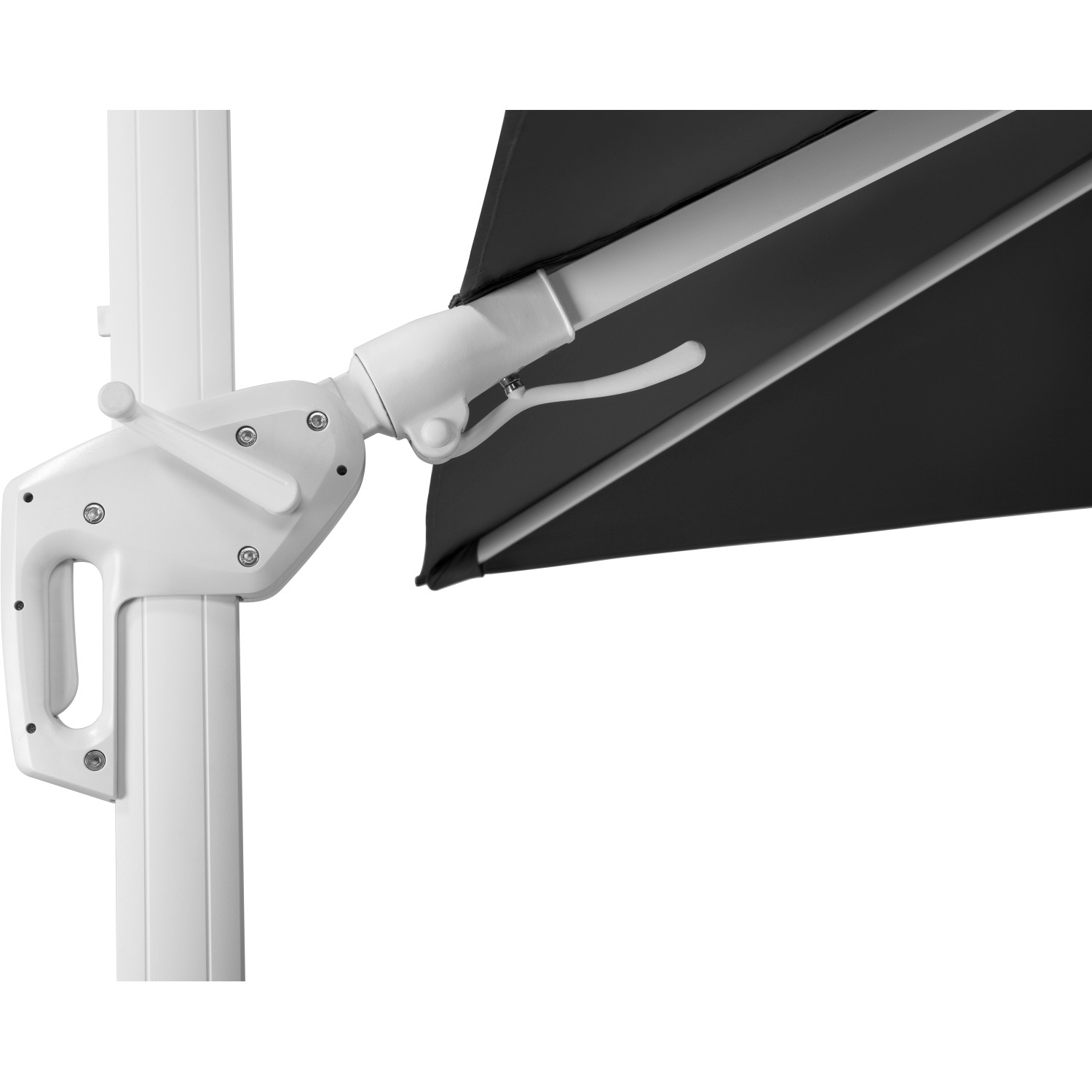 Detailaufnahme: Anthrazitfarbener Schneider Ampelschirm Rhodos mit Kurbelmechanik.