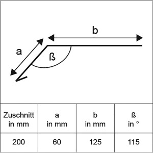 Skizze Rinneneinhang Alu Natur, Zuschnitt 200x1000mm, Maße a, b, Winkel β und Tabelle mit Werten.