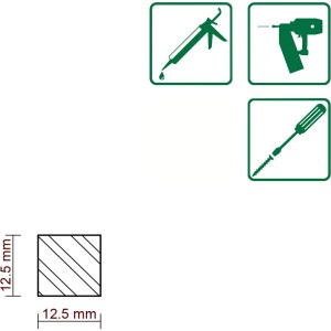 Querschnitt und Befestigungssymbole der FN Neuhofer Flachleiste aus Lärche, 12,5x12,5x2000 mm.