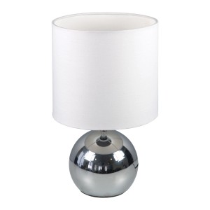 Weiße Tischleuchte Noa mit Touch-Funktion und Chromfuß.