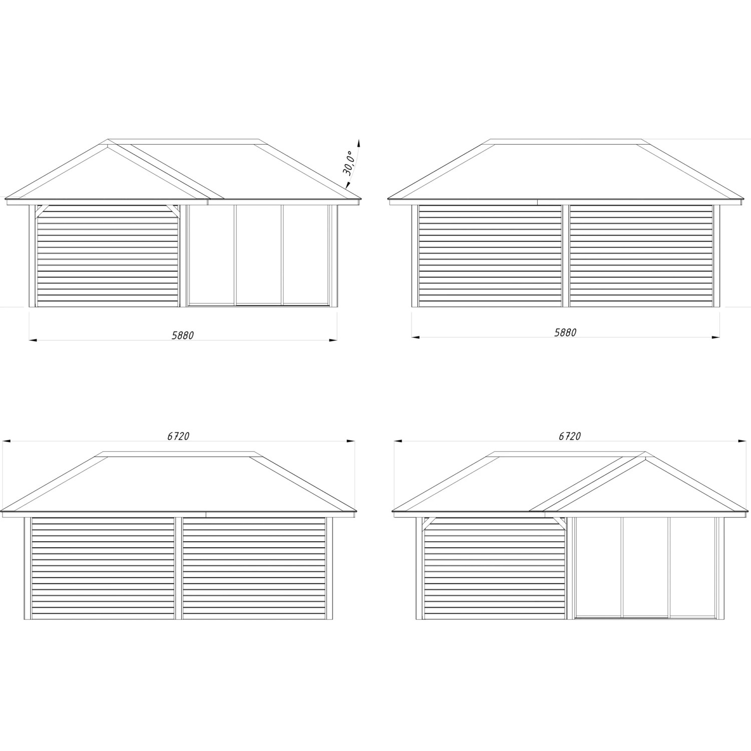 Technische Zeichnung: Palmako Pavillon Bianca Set 212 Slide, braun, 588x588 cm, verschiedene Ansichten.