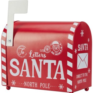Roter Weihnachtsdeko Briefkasten aus Eisen mit weißer "Santa North Pole" Aufschrift und Flagge. Ideal für festliche Dekoration.
