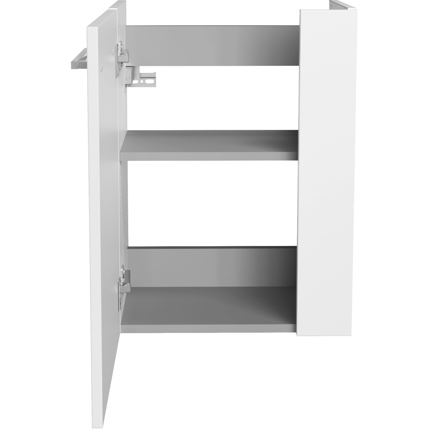 Fackelmann Waschbeckenunterschrank SBC, weiß, 44 cm breit, mit geöffneter Tür und zwei Einlegeböden.