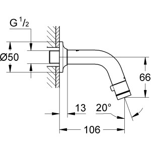 Technische Zeichnung: Grohe Waschtisch-Wandauslaufventil DN15 Universal mit Maßen.