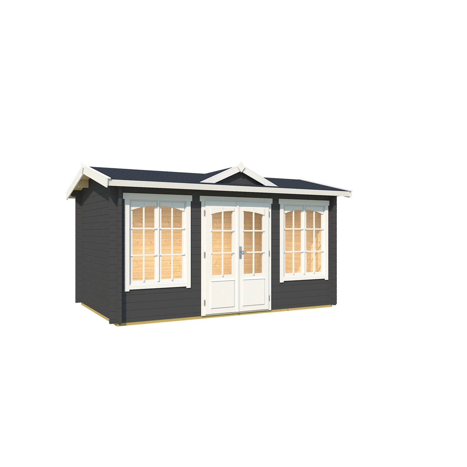 Carbongraues Lasita Maja Gartenhaus Kensington mit Doppeltür und Fenstern.