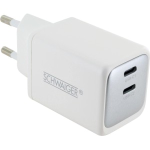 Weißer Schwaiger USB-C Ladeadapter mit zwei USB-C Anschlüssen. 48W Schnellladegerät für Handy-Zubehör.