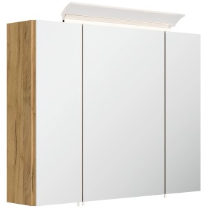 Posseik Spiegelschrank 80 cm mit LED-Lampe und Glasböden, Dekor Eiche Gold.