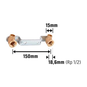 Löt-Montageeinheit aus Rotguss mit zwei 90°-Winkeln, 15 mm Rohrdurchmesser, 18,6 mm Innengewinde, 150 mm Abstand.