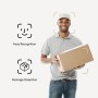 Eufy Video-Türklingel E340: Mann mit Paket vor Gesichtserkennung und Paketerkennung Symbolen.