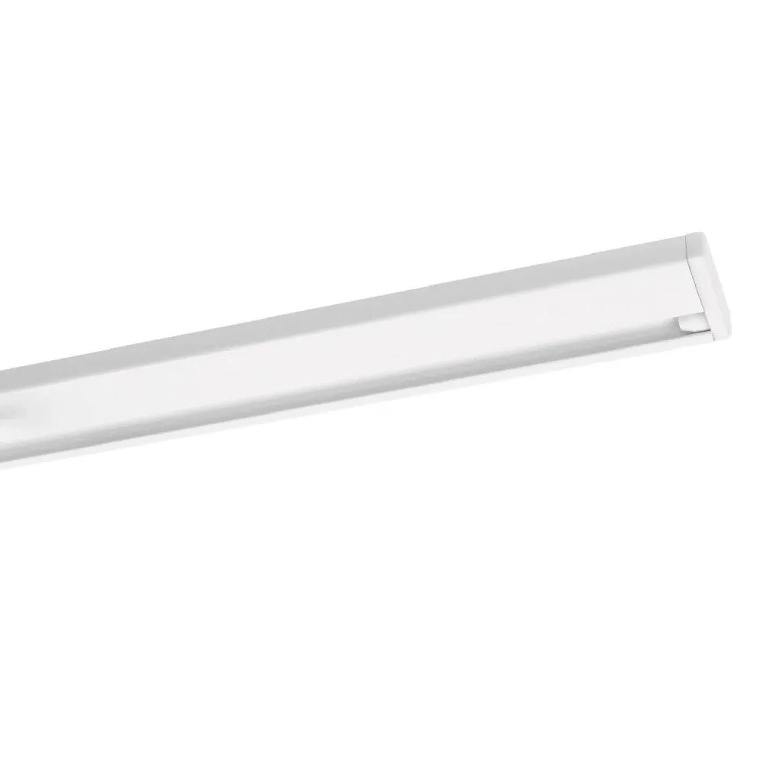 Weiße, 1-läufige Deco-Raum Gardinenschiene für Deckenmontage. Minimalistisches Design aus Aluminium.