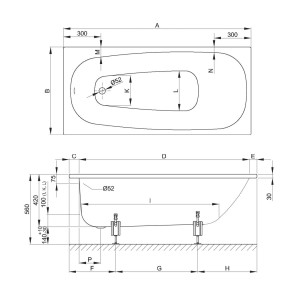 Technische Zeichnung der weißen Bette Steel Badewanne, 180x80 cm, mit Maßangaben.