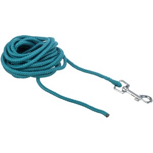 Petrolfarbene Jollypaw Hundeleine Schleppleine, 5 m, ohne Handschlaufe, aufgerollt mit Karabiner.