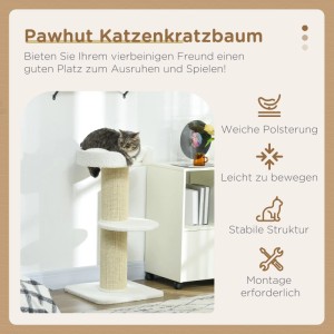 PawHut Kratzbaum, cremeweiß, mit Sisalpfosten und weichen Plattformen. Eine Katze ruht auf der oberen Ebene. 91 cm hoch.