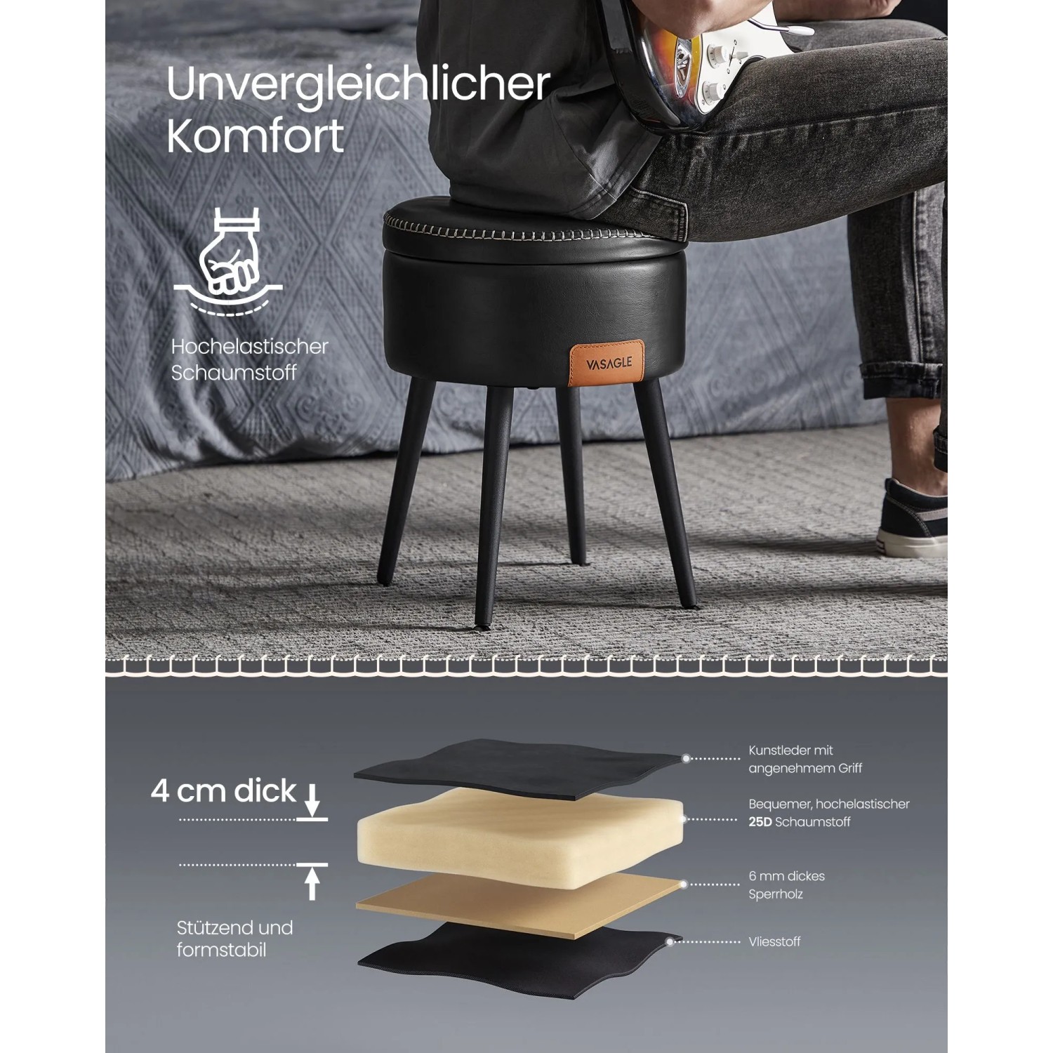 Schwarzer Vasagle Sitzhocker mit Stauraum, Ø 32x44 cm, Kunstleder, Stahlbeine. Ideal als Schuhbank.
