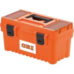 Oranger OBI Werkzeugkoffer aus Kunststoff mit Tragegriff und transparenten Fächern im Deckel.
