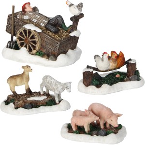 4-teilige Farm Szenerie als Weihnachtsdeko: Junge im Heuwagen, Schafe, Hühner und Schweine.