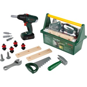 Bosch Werkzeug-Box mit Akkuschrauber, Hammer, Säge und weiterem Spielzeug-Werkzeug.