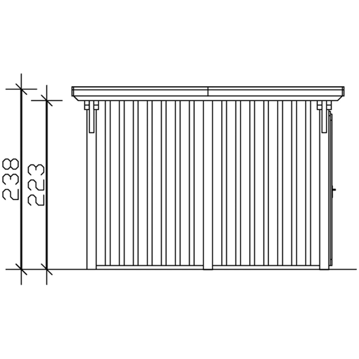 Technische Zeichnung: Skan Holz Carport Emsland mit Abstellraum, Maße und Höhenangaben.