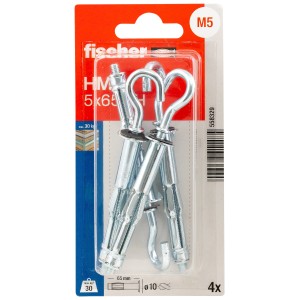 4er-Pack Fischer HM SK Hohlraumdübel aus Metall mit Rundhaken, 5x65 mm, für Plattenbaustoffe.