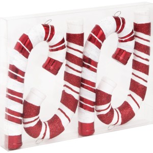 Baumschmuck-Set: 4 Zuckerstangen in Weiß-Rot mit Glitzer für den Weihnachtsbaum.