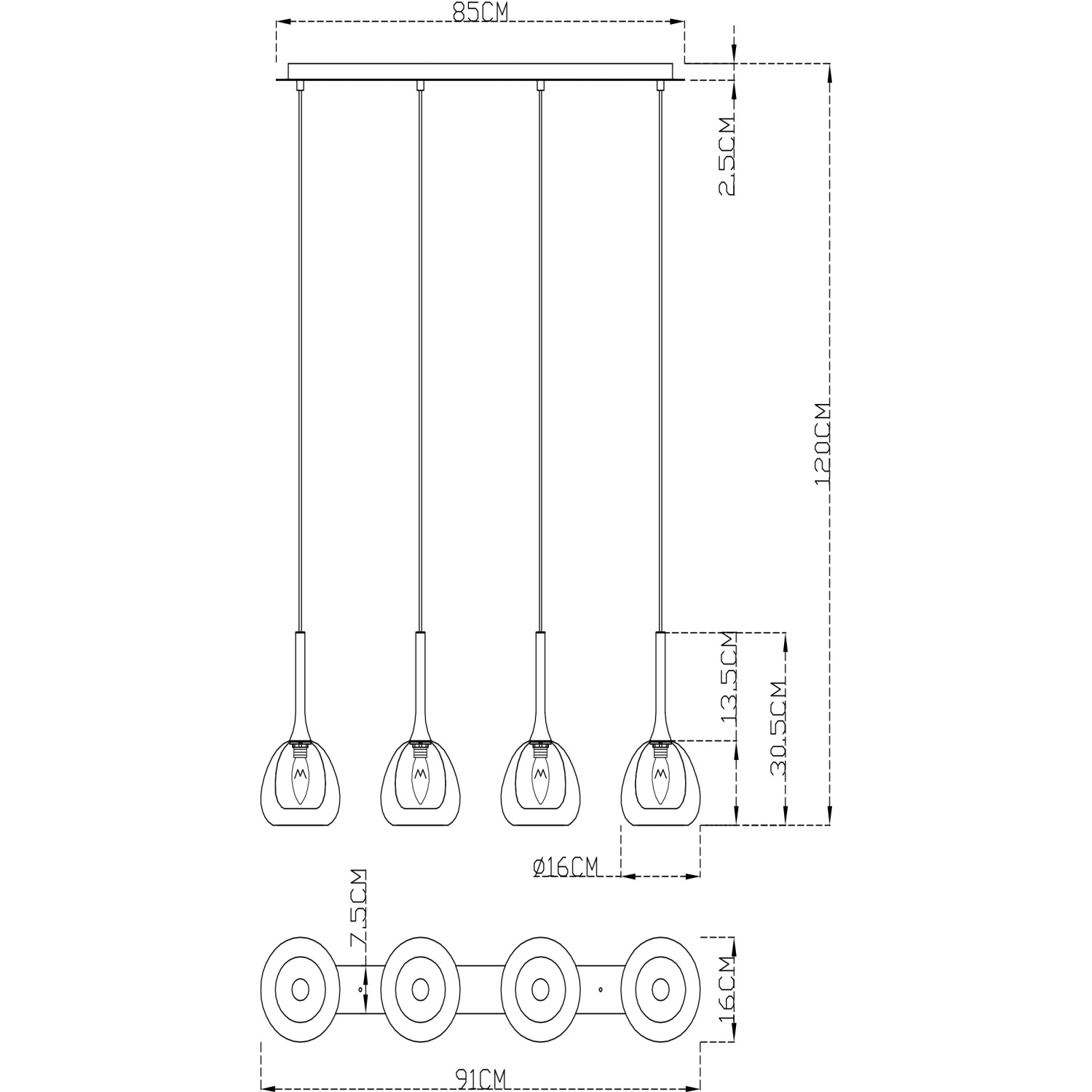 Skizze der 4-flammigen Pendelleuchte Hadan in Chrom/Weiß-Transparent mit Maßangaben.