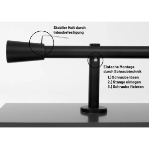 Schwarze Gardinenstange, Ø 25mm, mit Kegel-Endstück. Detailansicht der einfachen Inbus- und Schraubmontage.
