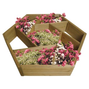 Eckiger MCW Pflanzkasten aus Holz mit 7 Fächern, bepflanzt mit rosa und weißen Blumen.