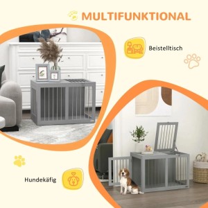 Grauer PawHut Hundekäfig für mittelgroße Hunde, multifunktional als Hundebox und Beistelltisch mit Türen.