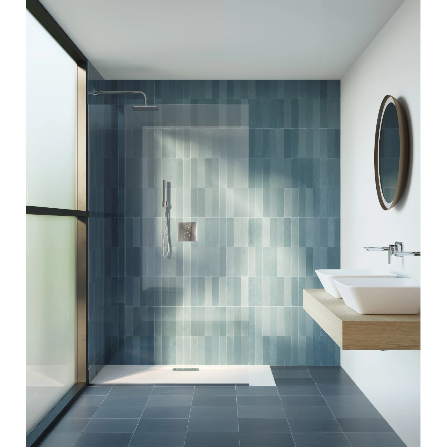 Ideal Standard Brausehalter Idealrain Atelier, eckig, Chrom, im modernen Badezimmer.