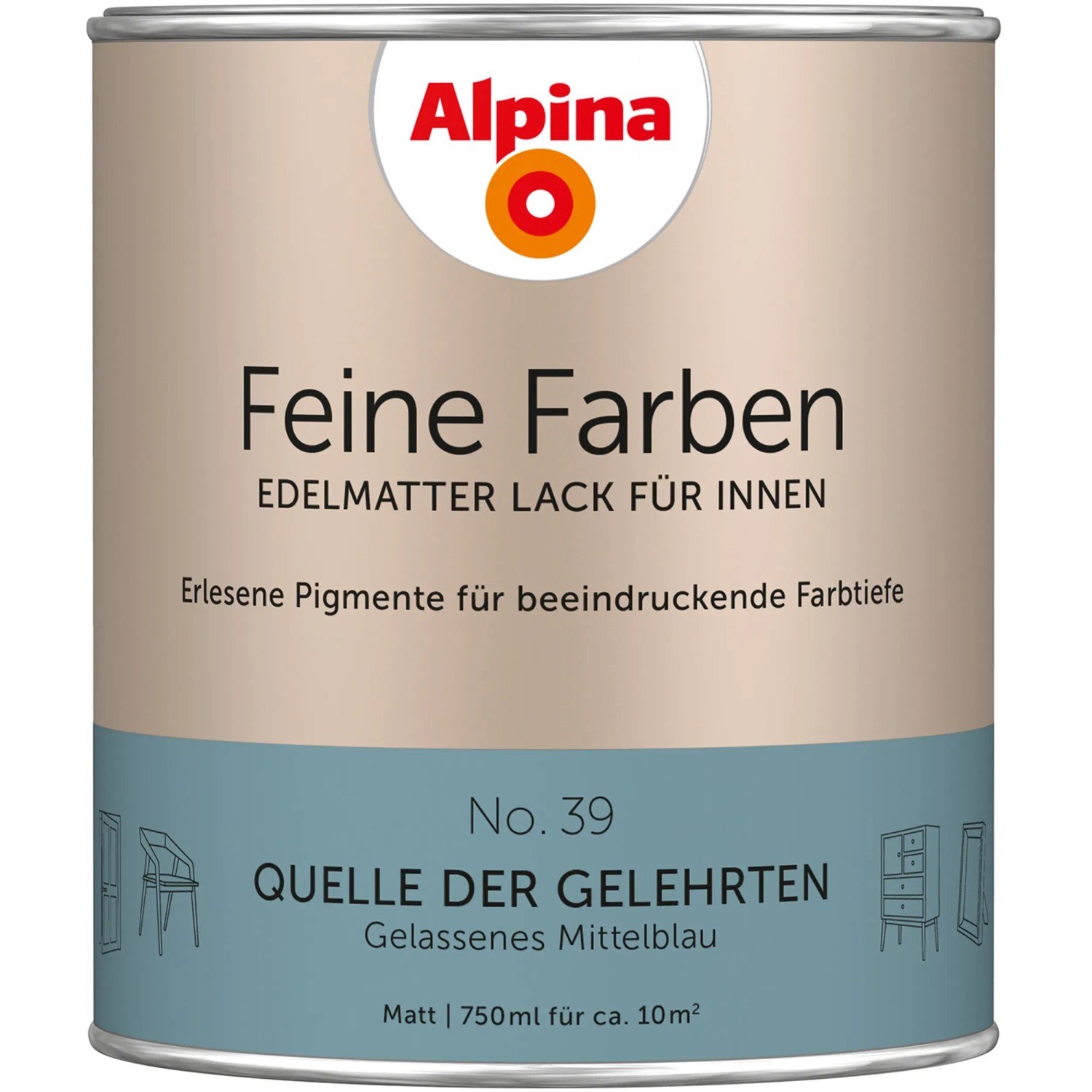 Alpina Feine Farben Lack No. 39, Quelle der Gelehrten Blau, edelmatt, 750ml Dose.