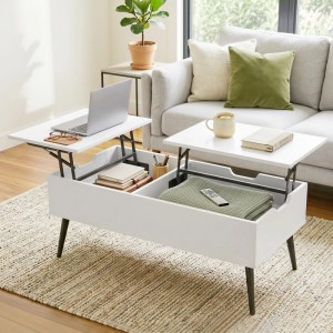Weißer HOMCOM Couchtisch mit dualem Lift-Top, schwarzen Metallbeinen und Stauraum. Laptop und Bücher im Wohnzimmer.