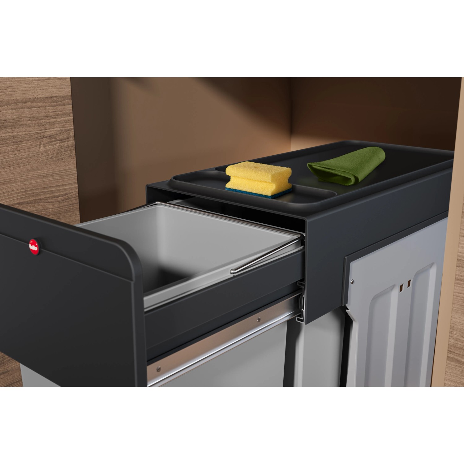 Hailo Einbau-Mülleimer EB-X Trio mit drei Inneneimern und Ablage im Auszug.