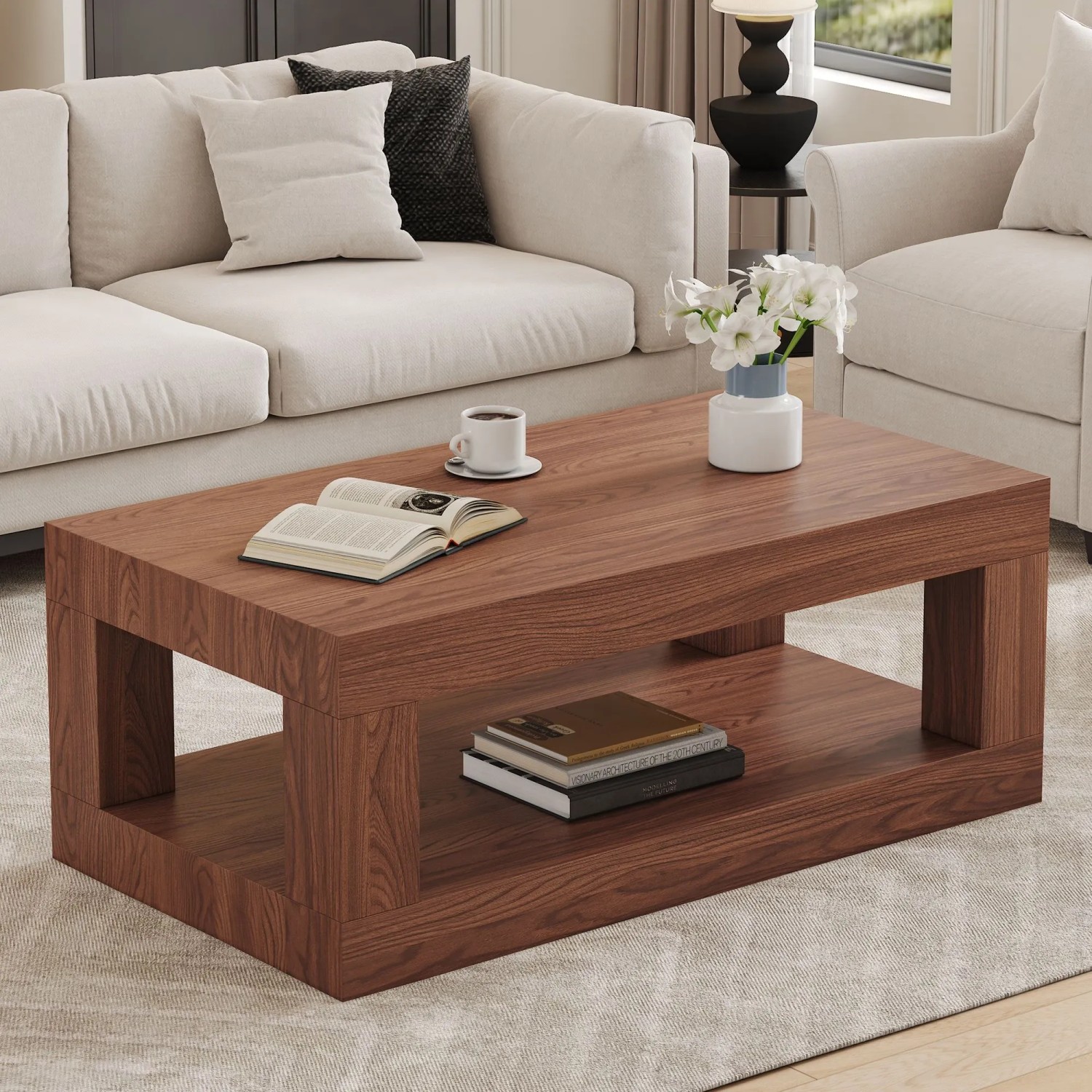 okwish Couchtisch mit MDF Doppelschicht Wohnzimmer Lager Regal 93x53x45cm Walnuss_2