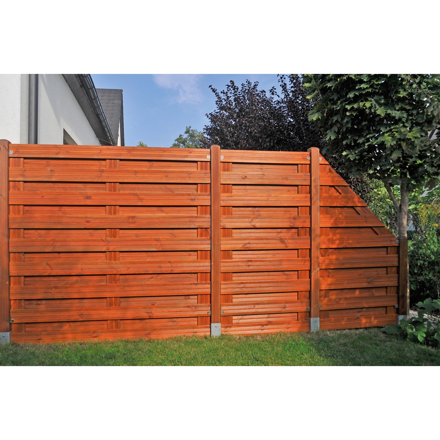 Braunes Sichtschutzzaun-Anschlusselement Goch, 180/90x90 cm, lasiert, für Wind- und Sichtschutz im Garten.