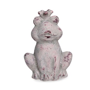 Sitzender Deko-Frosch mit Krone, 19 cm, aus Beton in Grau-Weiß für die Gartendekoration.