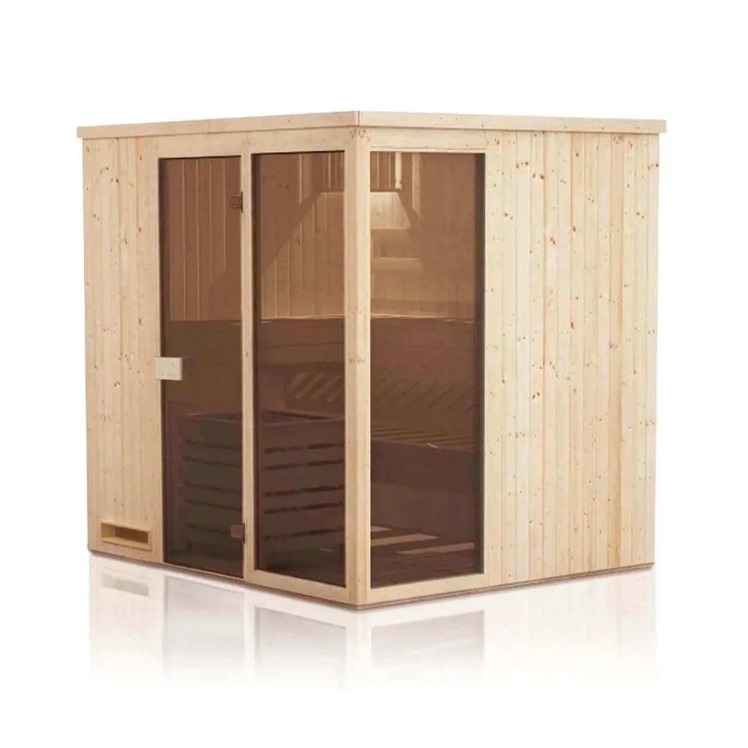 Finntherm Sauna Oda aus Naturholz mit Glastür, 244x194 cm, 40 mm Wandstärke.