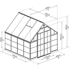 Skizze des Palram Canopia Balance 8x8 Gewächshauses in Silber mit Maßangaben.