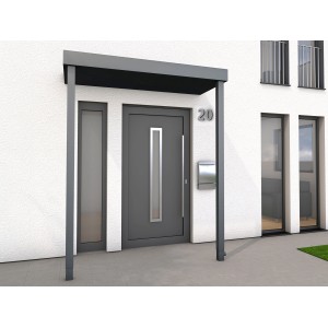 Modernes Gutta Rechteckvordach BS PLUS in Anthrazit, 160x90 cm mit 2 Pfosten und Ablauf rechts.