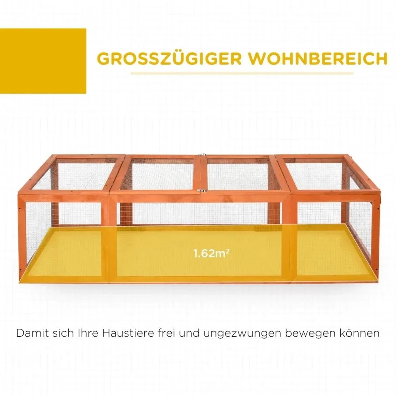 Langer PawHut Kleintierstall aus hellem Tannenholz mit Maschendraht, aufklappbarem Dach und 1,62m² Freilauf.