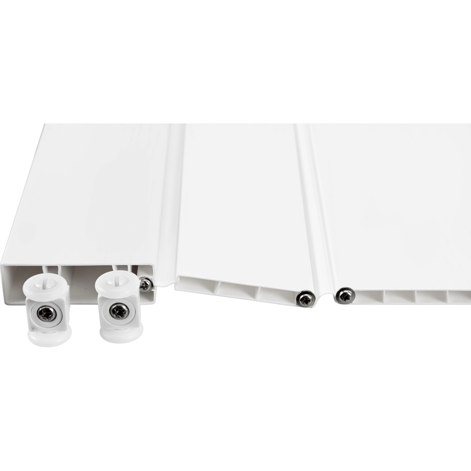 Detailaufnahme der weißen Falttür (82x203 cm) mit Schienen und Befestigungselementen.