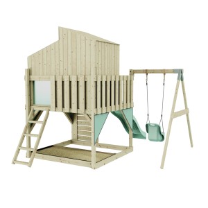 PolarPlay Babyschaukel Lotta mintgrün mit Spielturm, Rutsche und Kletterwand.