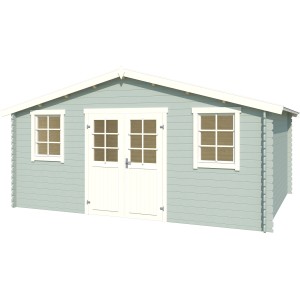 Lasita Holz-Gartenhaus Udo 300 in Gletschergrün mit Doppeltür und Fenstern.