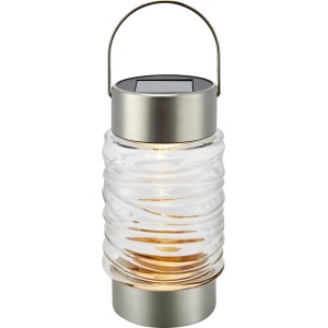 Silber-transparente Solarleuchte aus Glas und Edelstahl mit warmweißer LED und Tragegriff.