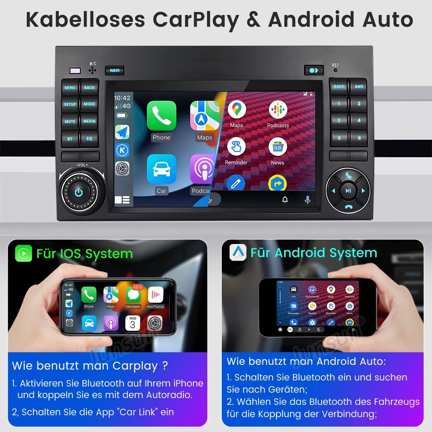 Junsun Autoradio mit Touchscreen, zeigt kabelloses CarPlay & Android Auto. Autoelektrik für Mercedes-Benz.