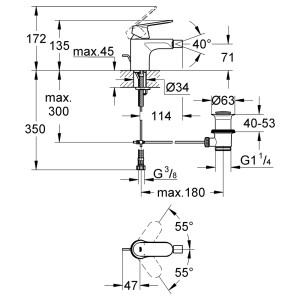 Technische Zeichnung Grohe Eurosmart Bidetarmatur mit Maßangaben für Installation.