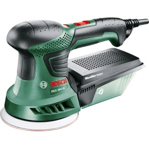 Bosch Exzenterschleifer PEX 300 AE: Grüne Schleifmaschine mit Staubfangbox.