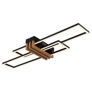 Moderne Globo LED-Deckenleuchte Dakari I mit Holzdekor und schwarzem Metall, 80 cm breit.