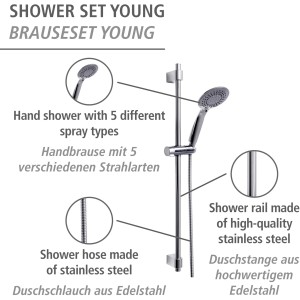 Wenko Brauseset Young Chrom: Duschstange, Handbrause mit 5 Strahlarten und Schlauch aus Edelstahl.
