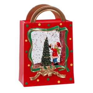 Rote Weihnachtsdekoration in Geschenktaschenform mit Glitzer, LED und Kind am Baum. Festliche Deko aus Kunststoff.